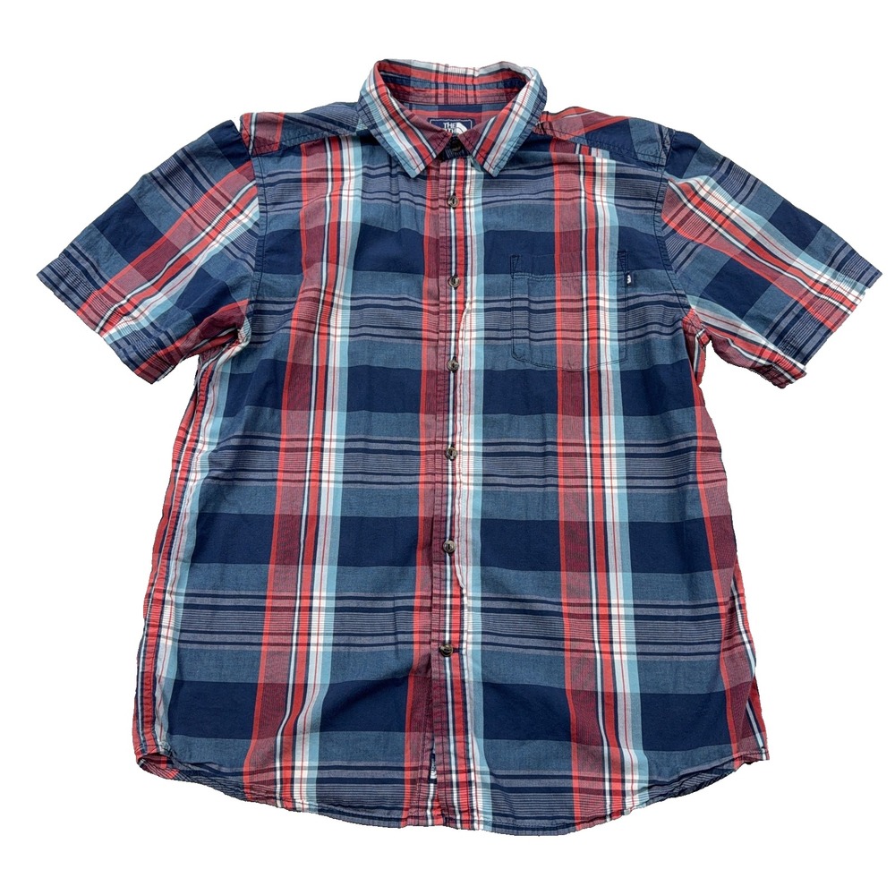 The North Face Shirt Men Large Blue Red Plaid Button Up Cotton Camp Hiking Adult